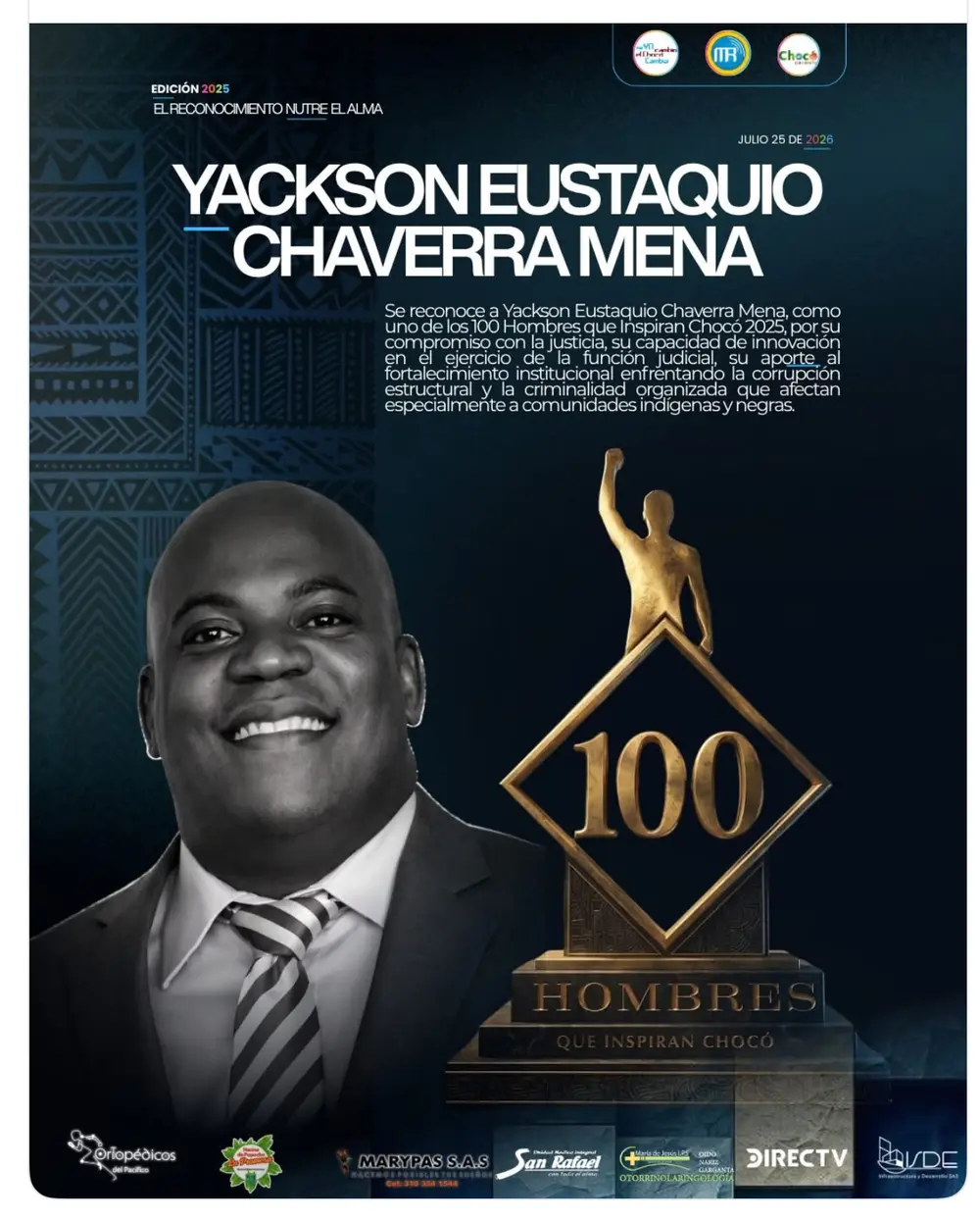 Pieza gráfica del reconocimiento 100 Hombres que Inspiran Chocó 2025